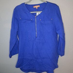 Ellen Tracy 3/4 Length Blue Linen Top Women's Size S
